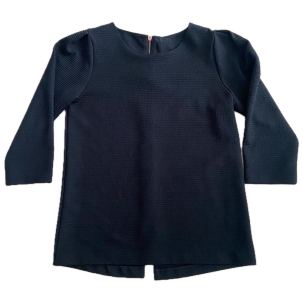 CLUB MONACO Black Textured Top XS Rose Gold Back Zip 3/4 Sleeve Minimalist EUC